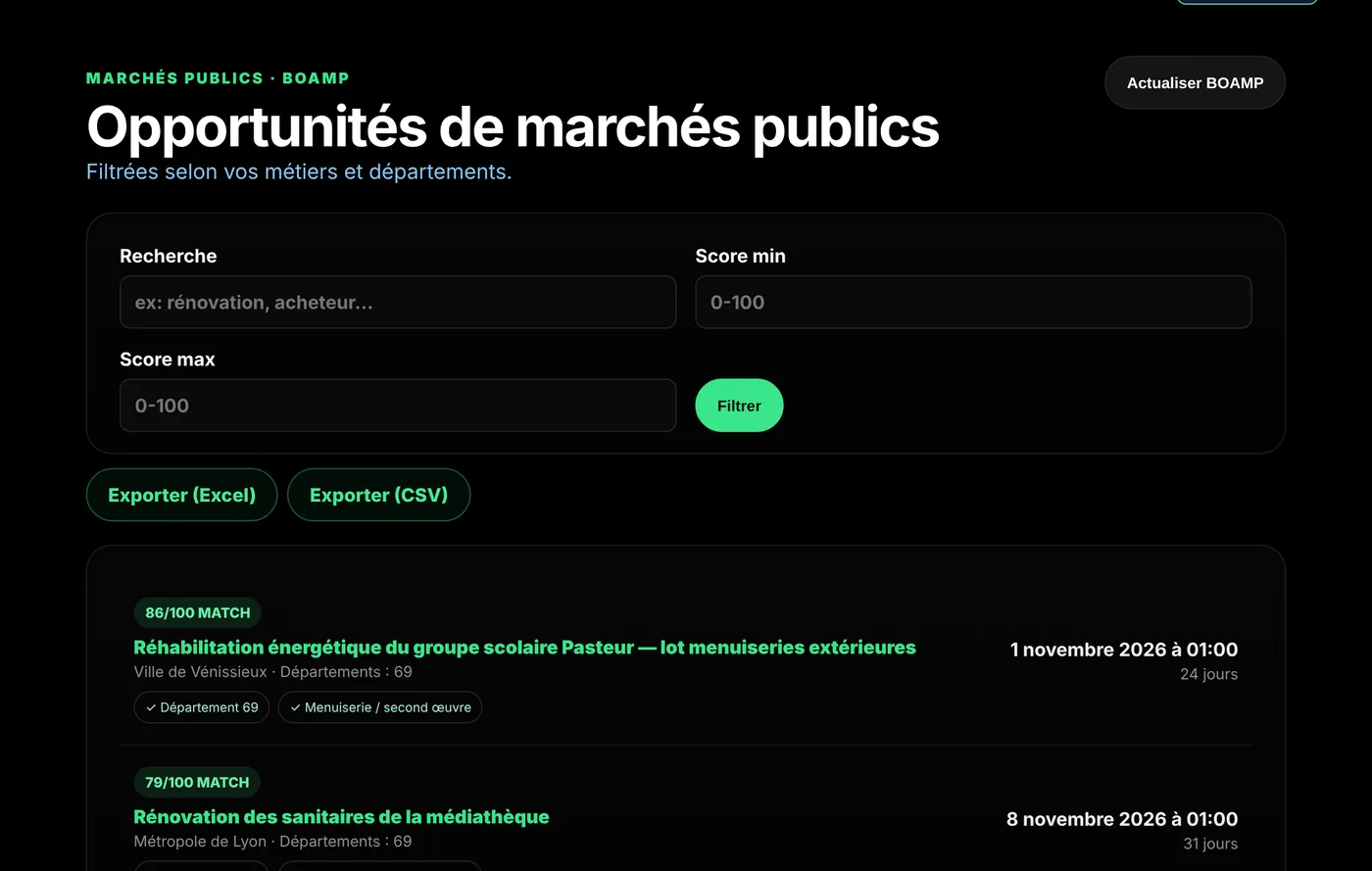 Opportunités de marchés publics notées par ProfitOS avec dates limites